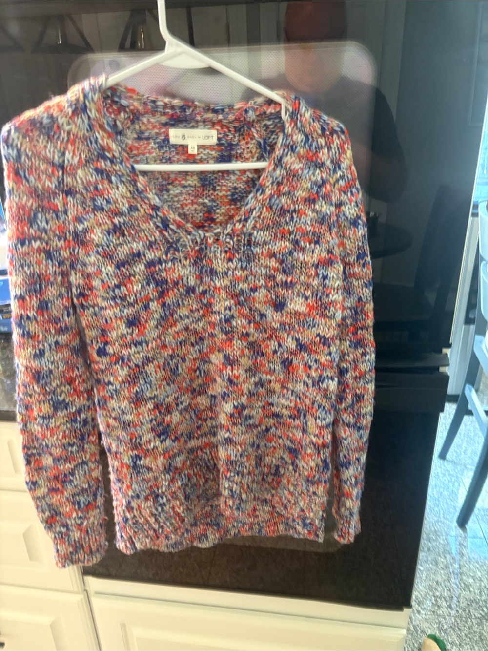 LOFT Multicolor Knit V-Neck Sweater in Blue, Red, White